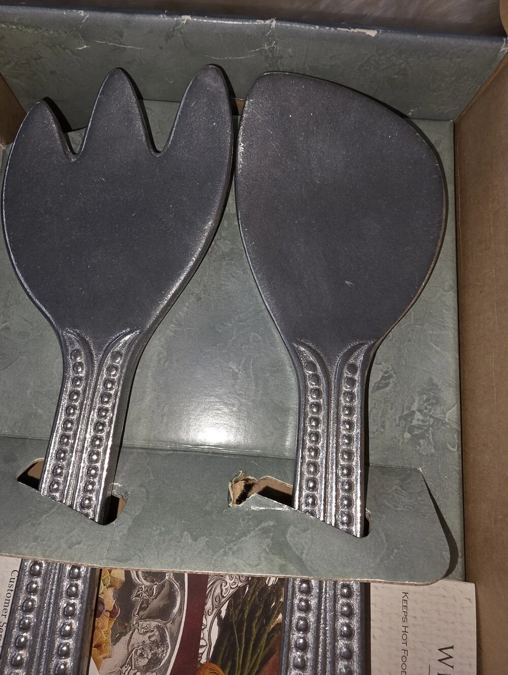 Wilton Armetale Flutes & Pearls Salad Serving Spoon & Fork Set Pewter Blend NIB